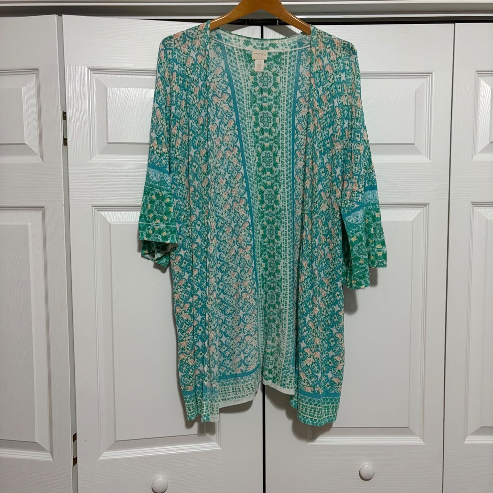 Chico's Plus Open Long Cardigan Women Size 20 Blue Green Geometric Resort Core